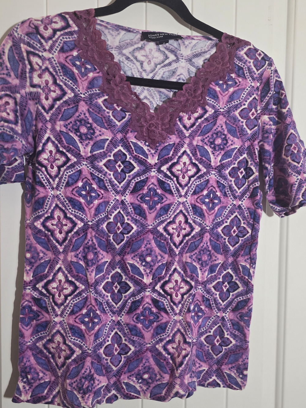 Jones New York Purple and Pink Floral-Print Lace V-Neck Tee